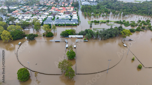 Aerial View of Flooded Park and Residential Area After Heavy Rainfall at Minnippi Parklands in Carindale Brisbane during Cyclone Alfred