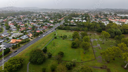 Aerial View of Flooded Park and Residential Area After Heavy Rainfall at Minnippi Parklands in Carindale Brisbane during Cyclone Alfred