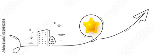 Buildings line icon. Continuous line with share plane. City architecture with tree sign. Skyscraper building symbol. 3d star in speech bubble. Buildings single line ribbon. Loop curve pattern. Vector