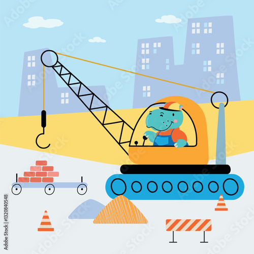 Animal construction poster. Cartoon hippo in helmet work on special transport. Builder wild character, bricks pile and building equipment, nowaday vector scene