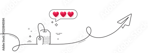 Tea bag line icon. Continuous line with share plane. Brew hot drink sign. Breakfast beverage symbol. Hearts rate review in speech bubble. Tea bag single line ribbon. Loop curve pattern. Vector