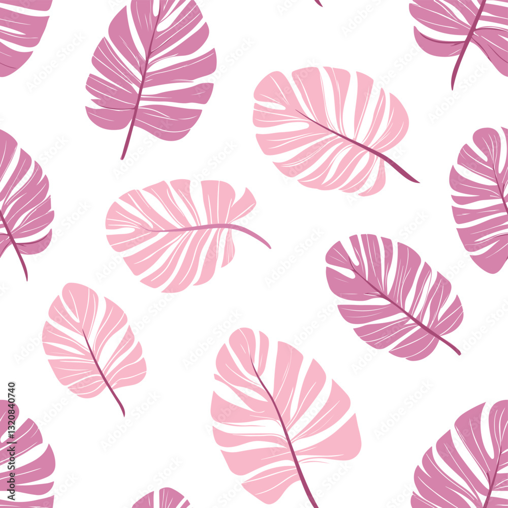 Elegant seamless pattern featuring pink tropical leaves on a white background. A stylish botanical design perfect for textiles, wallpapers, and decor Elegant seamless pattern featuring pink tropical leaves on a white background. A stylish botanical design perfect for textiles, wallpapers, and decor