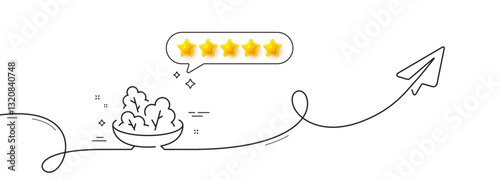 Salad line icon. Continuous line with share plane. Diet kcal sign. Low calories food symbol. Five star rate review in speech bubble. Salad single line ribbon. Loop curve pattern. Vector