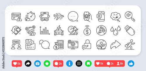 Bus, Timer and Search text line icons pack. Social media: share, comment, like icons. Finance calculator, Messenger, Internet warning web icon. Video conference, Settings, Airplane pictogram. Vector