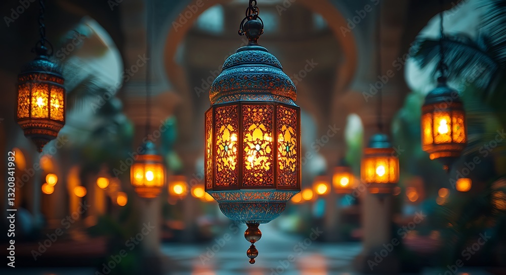  Intricately Illuminated Lantern in a Dimly Lit Corridor with Soft Glows