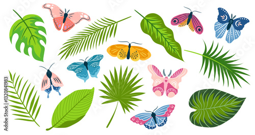 Set of exotic tropical leaves and beautiful tropical butterflies. Colorful vector elements isolated on white background.