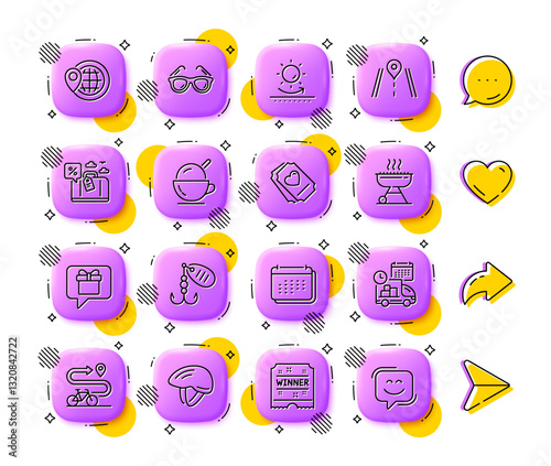 Grill, Ice cream and Love ticket line icons. App 3d buttons. Social media comment, share, like icons. Pack of Travel loan, Bike path, Road icon. Vector