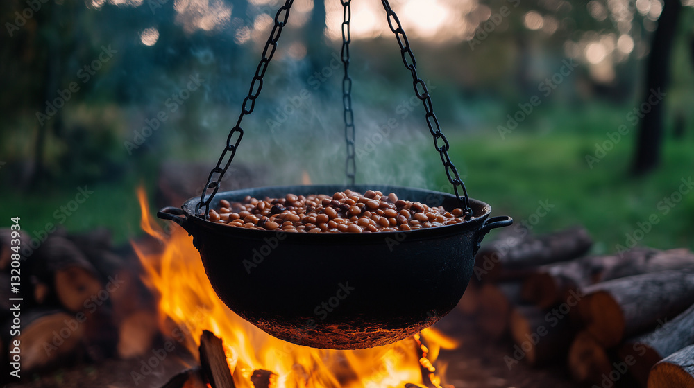 Traditional Cooking Over an Open Fire. A rustic black iron pot hanging over an open fire, filled with freshly roasted chestnuts, evoking a traditional countryside atmosphere. Traditional Cooking Over an Open Fire. A rustic black iron pot hanging over an open fire, filled with freshly roasted chestnuts, evoking a traditional countryside atmosphere.