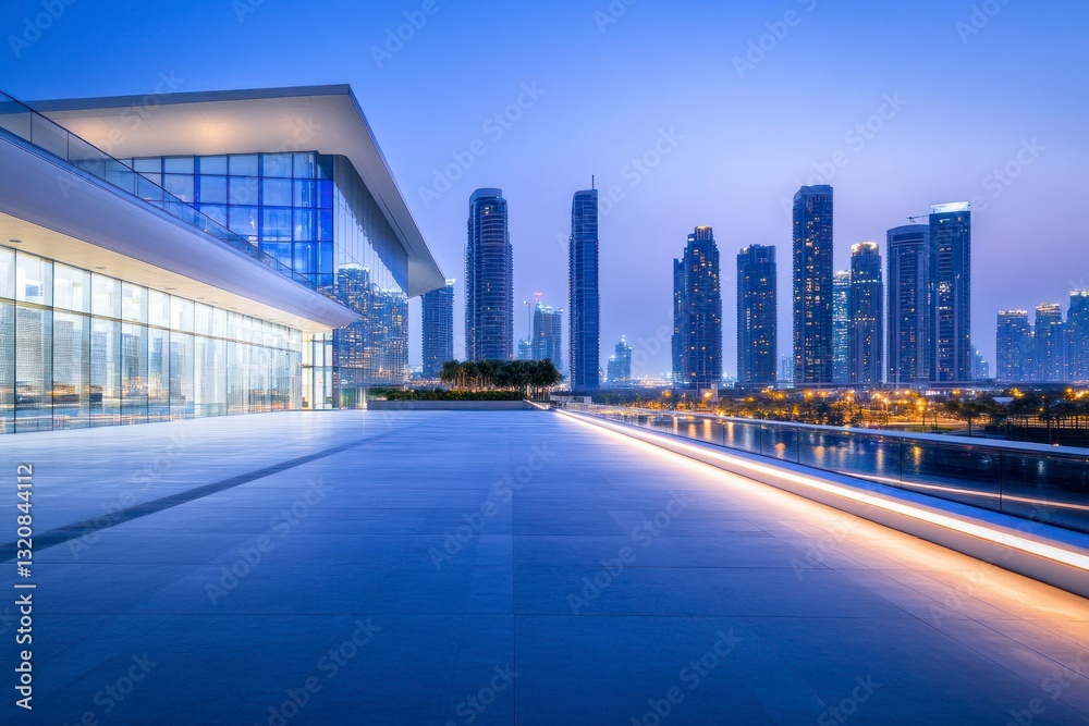 Fototapeta premium Modern Building Overlooking Dubai Skyline at Night Showcasing Urban Architecture