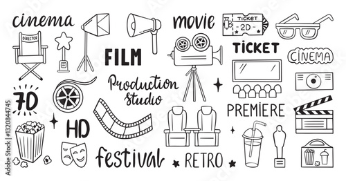 Cinema hand lettering. Movie shooting and presentation handwritten text. Studio production, retro festival. Isolated film making symbols, neoteric vector set