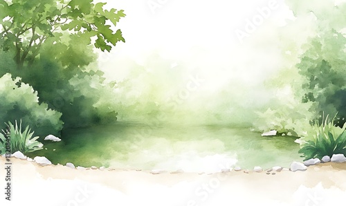 Serene watercolor landscape featuring a tranquil pond surrounded by lush greenery.