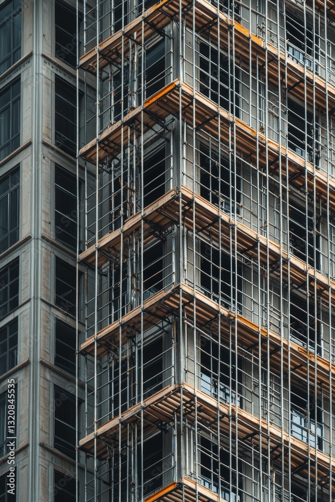 Dynamic view of scaffolding on a high-rise construction site during daylight hours. Building Safety Month Dynamic view of scaffolding on a high-rise construction site during daylight hours. Building Safety Month