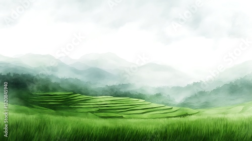 Lush green landscape with terraced fields under a misty sky.
