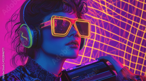 Obraz na płótnie Portret w stylu retro w neonowym blasku w salonie