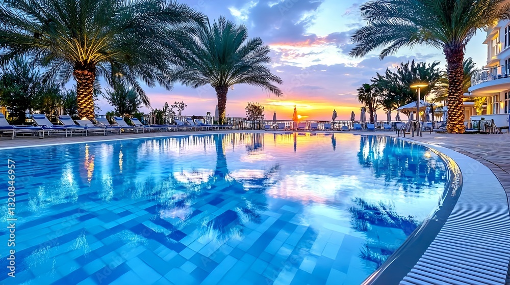 Fototapeta premium Sunset Resort Pool, Palm Trees, Tranquil Getaway - Travel & Tourism.