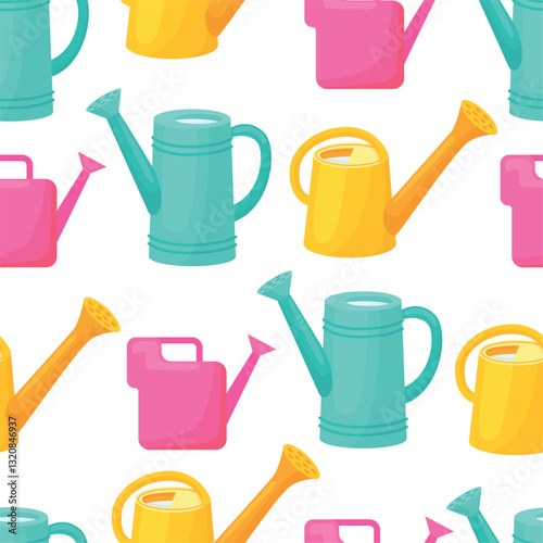 Watering can seamless pattern. Garden tools for plants care, planting equipment. Print design for fabric, wrapping wallpaper, neoteric vector background