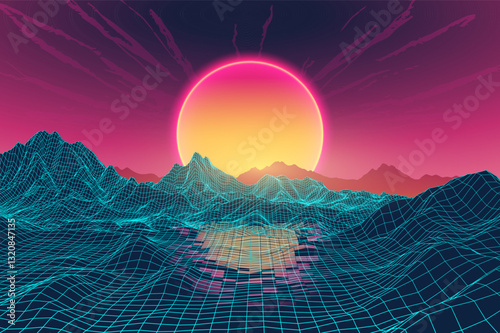 Retro futuristic 80s style digital landscape with glowing neon grid mountains and a vibrant sunset in a cyberpunk aesthetic. Synthwave vaporwave artwork with a surreal, nostalgic