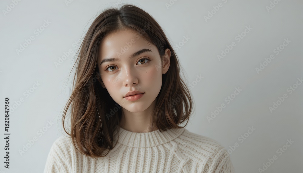 Beautiful young woman in a cream sweater, showcasing healthy skin and natural beauty. Beautiful young woman in a cream sweater, showcasing healthy skin and natural beauty.