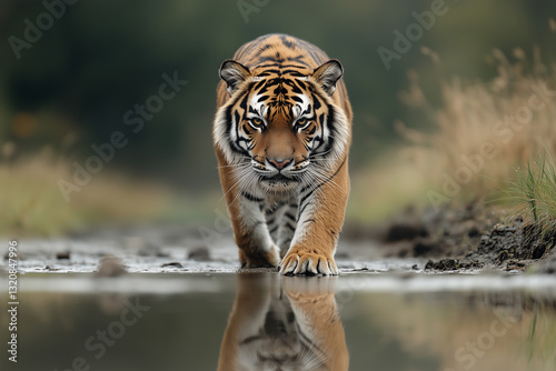 Wild Tiger Posing by Water with Perfect Reflection.
Front view
