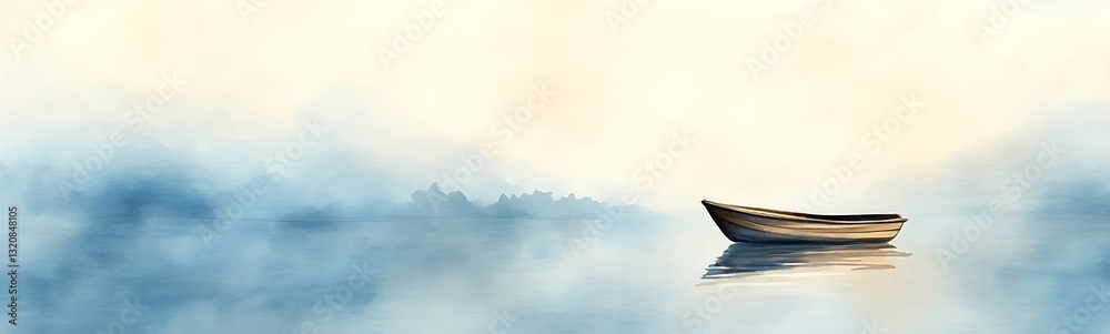 Naklejka premium A serene boat floats in tranquil waters, surrounded by soft mist and light colors.