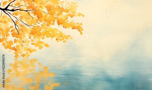 Autumn leaves reflect on calm water creating a serene landscape.