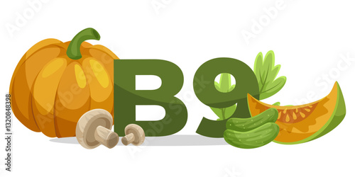 Vitamin B9 with pumpkin, mushrooms, cucumbers, spinach, and greens on a white background. Concept of vitamins and healthy nutrition. Vector illustration