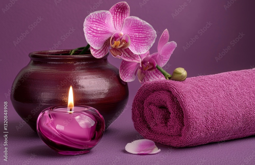 The idea of a spa centered around a beautiful orchid, a candle with no color, and a towel represents a tranquil approach to a healthy lifestyle and overall wellness