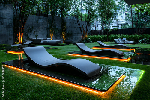 Lawn with automated seating, glowing edges, and sleek reflective surfaces enhancing the ultramodern design.