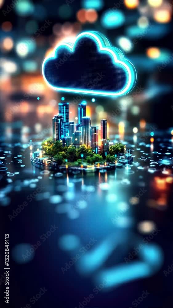 Digital art of an illuminated cloud icon floating above a small cityscape, surrounded by glowing data points, representing AR construction and smart city planning