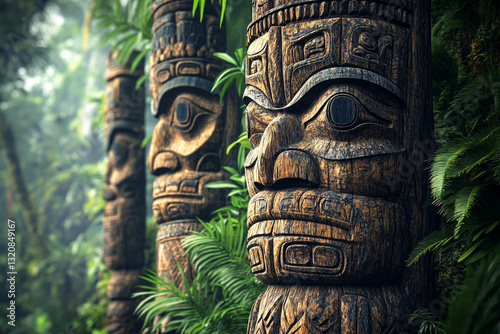 A detailed, HD close-up of traditional Asmat carvings on wooden totem poles