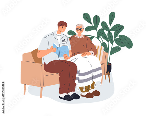 Senior person reading book with caregiver, sitting on sofa. Elderly care and support concept. Volunteer, social worker, leisure with old aged. Flat vector illustration isolated on white background