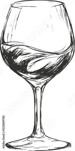Hand-drawn sketch of a wine glass with swirling liquid inside.