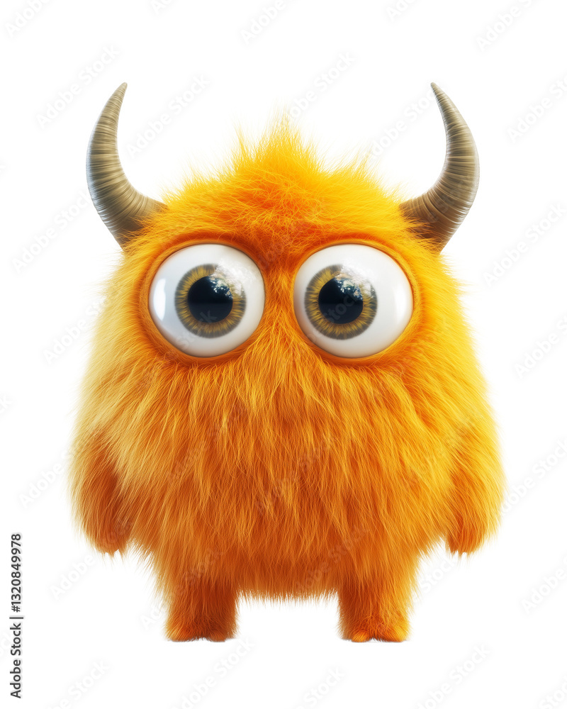 Fototapeta premium Adorable Furry Orange Monster with Big Eyes on Transparent Background