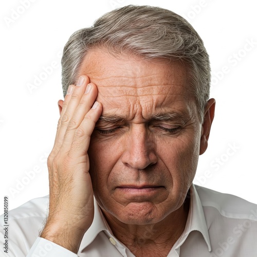 Migraine or memory loss illness senior man. Portrait on isolated withe background of a handsome expressive senior holding his head in hand headache memory loss migraine