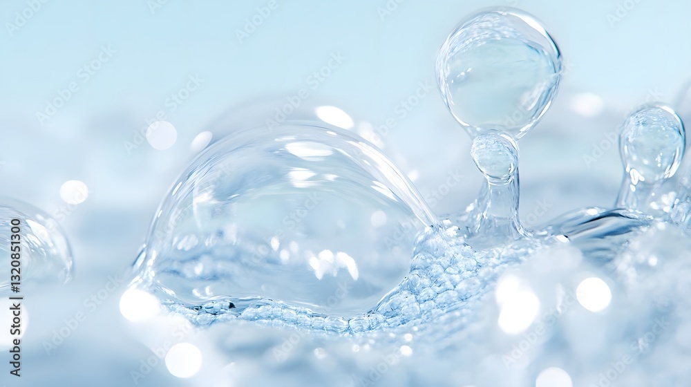 Close-up of shimmering water bubbles with soft blue background, creating a tranquil, refreshing atmosphere Close-up of shimmering water bubbles with soft blue background, creating a tranquil, refreshing atmosphere