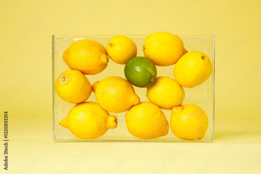 Lemons and limes in transparent glass vase against yellow background