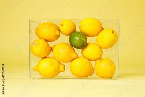 Obraz na płótnie Lemons and limes in transparent glass vase against yellow background w salonie