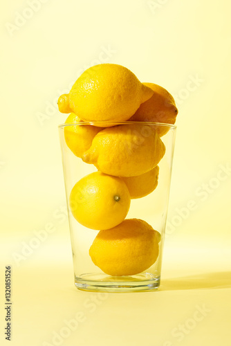 Obraz na płótnie Lemons in transparent glass vase against yellow background. w salonie