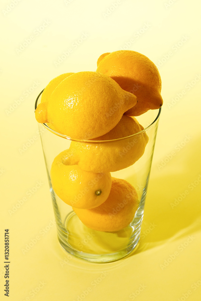 Lemons in transparent glass vase against yellow background.