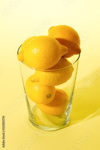 Obraz na płótnie Lemons in transparent glass vase against yellow background. w salonie