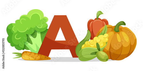 Various vegetables rich in vitamin A, including pumpkin, carrot, and broccoli, with a large letter A in the background. Vector illustration