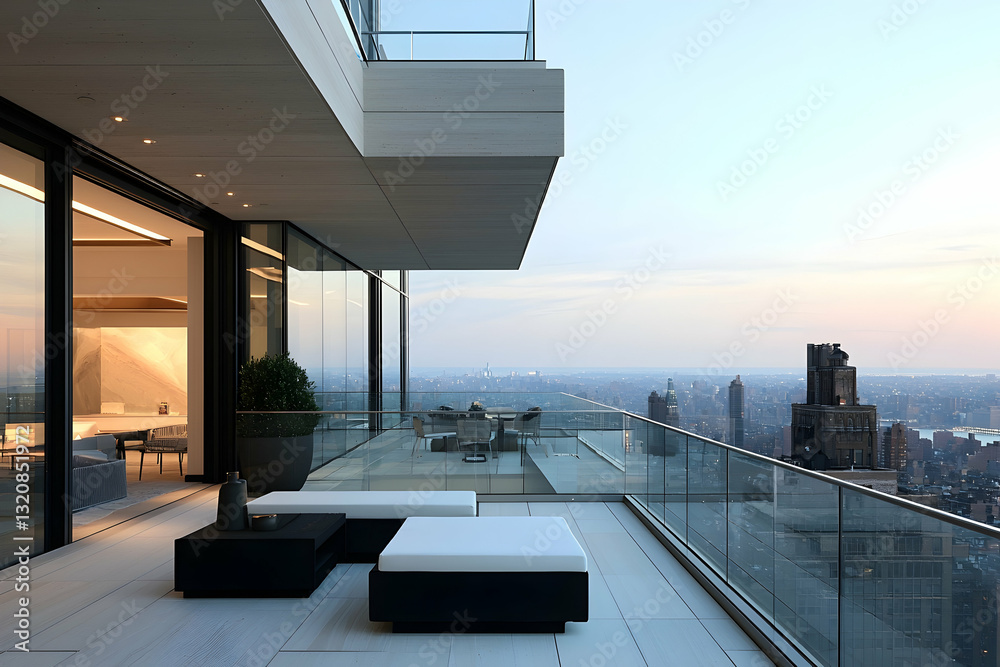 Fototapeta premium Minimalist terrace with cantilevered edges, modular furniture, and panoramic glass railings for wide-open views.