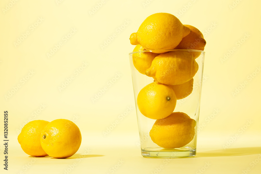 Lemons in transparent glass vase against yellow background.