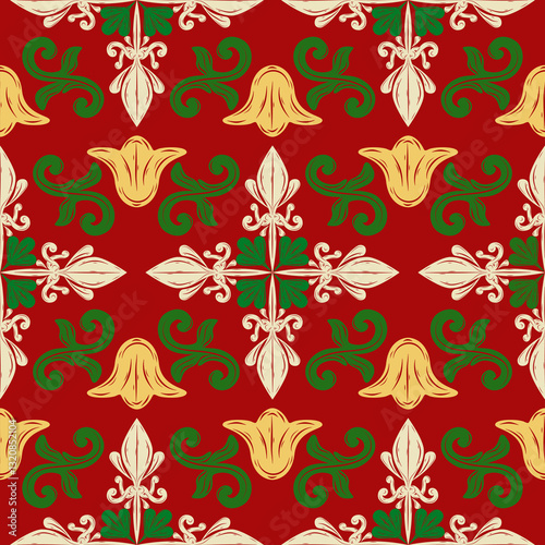 Colorful Elegant of Christmas Celebration Golden Bells jingle bell Gift Box Decoration. Xmas Pattern Seamless Vector for New Year Design. Delicate Red Yellow Beige Green In Luxury Rich Detailed Style.