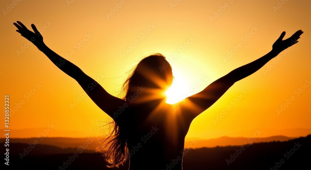 A beautiful young girl set against a vibrant sunset represents the idea of freedom and healthy living A beautiful young girl set against a vibrant sunset represents the idea of freedom and healthy living