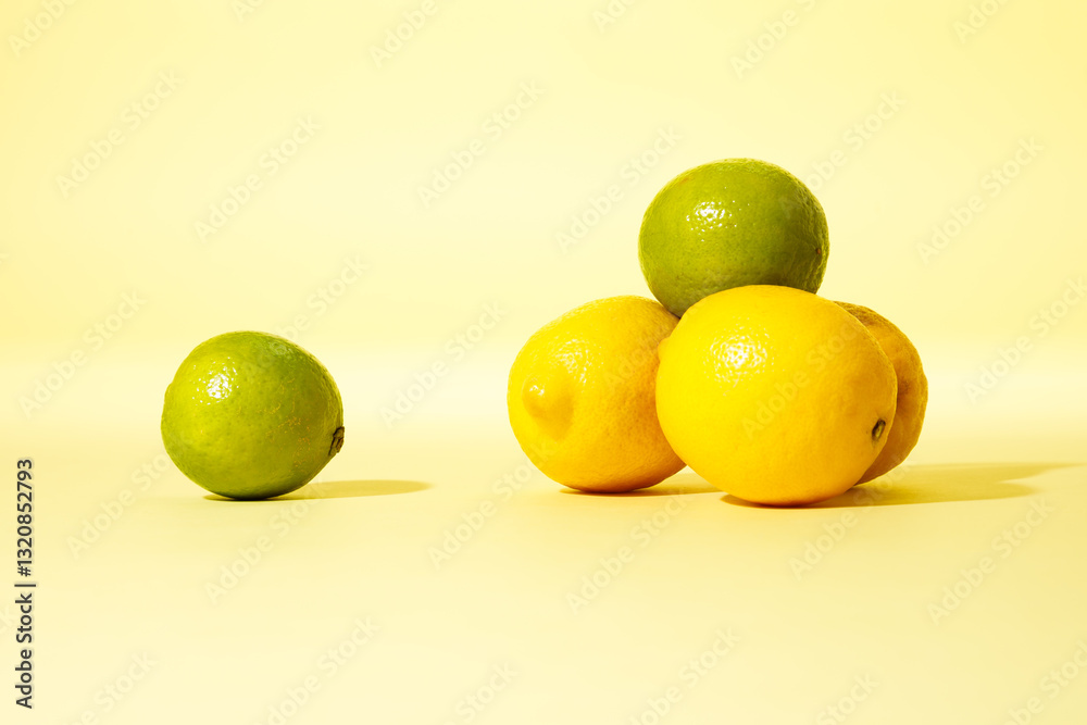 Lemons and lime against yellow background