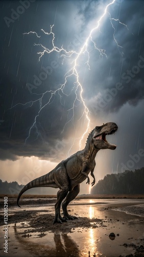 A Mighty Dinosaur Roars Amidst a Blazing Forest Fire as Thunder and Lightning Tear Through the Dark Sky, Creating a Surreal and Apocalyptic Scene of Destruction, Chaos, and Prehistoric Power