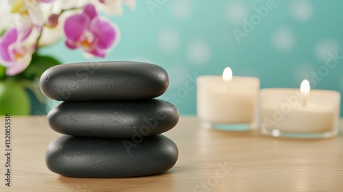 The background of a spa, beauty treatment and wellness setup includes a massage stone, orchid flowers, towels and candles that burn