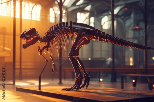 A fossilized T-Rex skeleton on display in a natural history museum photo