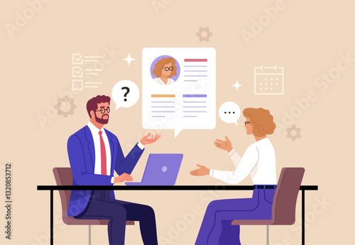 Business Job Interview concept. Vector cartoon illustration of a man in suit asking questions and a woman answering them while sitting at a table. Isolated on background